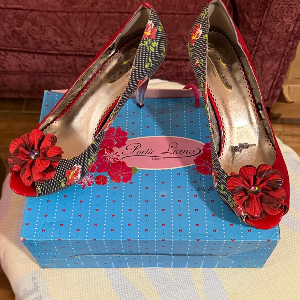 Poetic License Red Floral Peep Toe Heels with Multicolor Floral Print